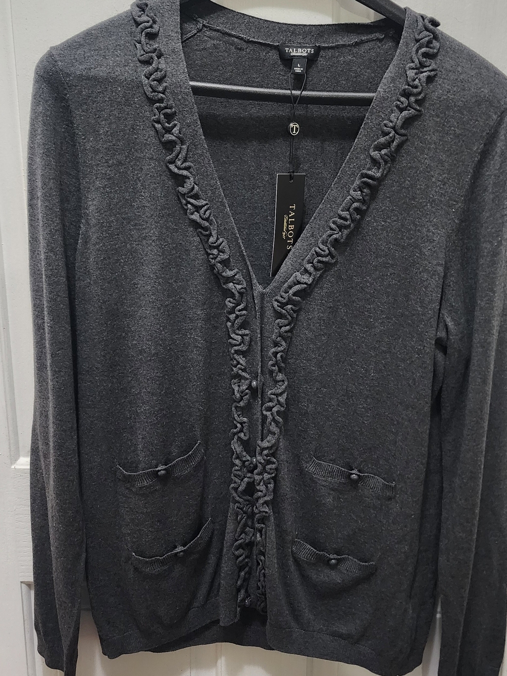 Talbots Dark Gray Ruffled V-Neck Cardigan